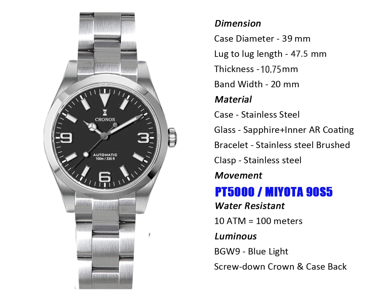Cronos EX Diver Mechanical Men Watch 39mm Automatic PT5000 / Miyota 90S5 Sapphire Glass Bushed Bracelet Glide Clasp 10ATM L6031