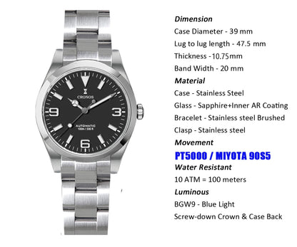 Cronos EX Diver Mechanical Men Watch 39mm Automatic PT5000 / Miyota 90S5 Sapphire Glass Bushed Bracelet Glide Clasp 10ATM L6031
