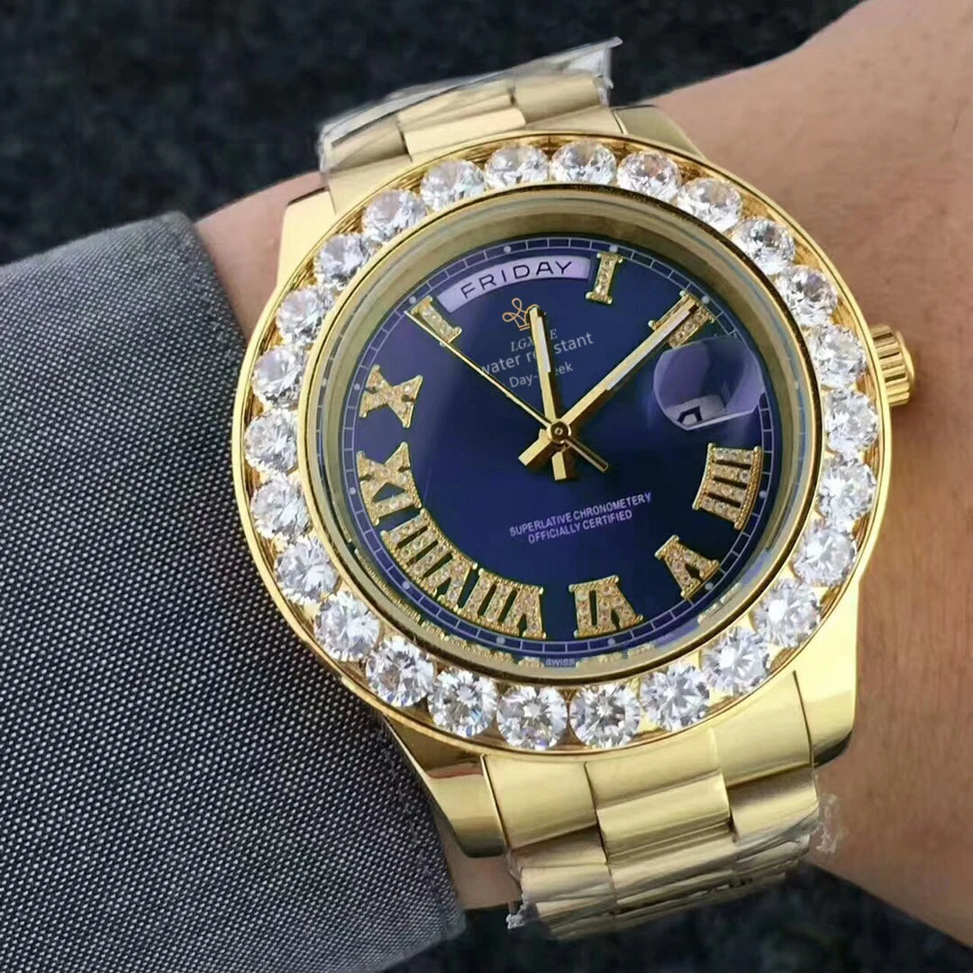 2025 New Big Diamond Watch For Men day date Water Resistant Quartz Wristwatch Top Brand Luxury Casual AAA Male Wrist Watch Gilft