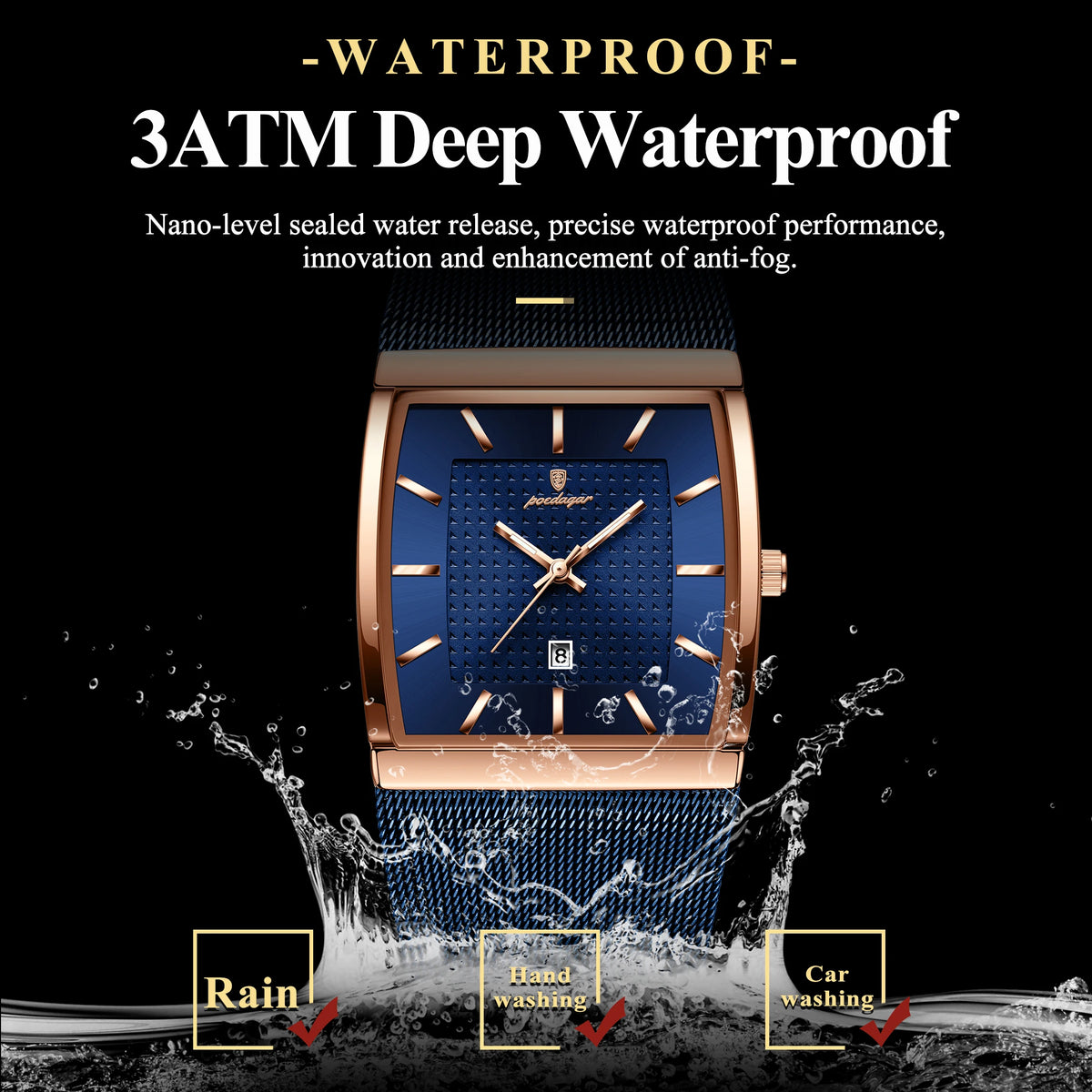 POEDAGAR Top Luxury Men Watch Stainless Steel Mesh Date Waterproof Luminous Man Wristwatch Casual Rectangle Quartz Men's Watches
