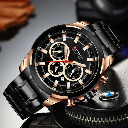 Montre chronographe pour homme CURREN, grand cadran de 48 mm, bracelet en acier inoxydable, trois sous-cadrans, montre-bracelet de sport à quartz, style luxueux