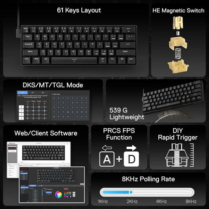Redragon K617 HE Rapid Trigger Gaming Keyboard, 60% 61 Keys Wired Mechanical Keyboard, Dedicated Hall Effect Magnetic Switch