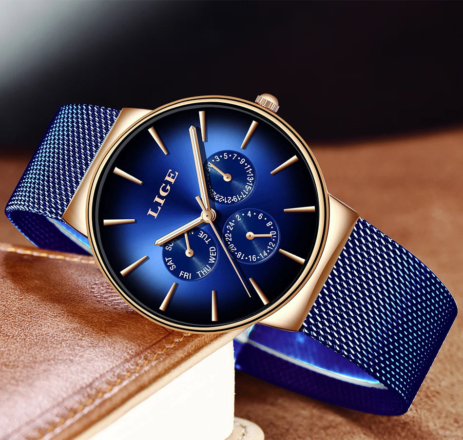 Montre pour femme LIGE, élégante et tendance – Style sport-décontracté, bracelet en maille, mouvement à quartz, affichage de la date et du jour, étanche.