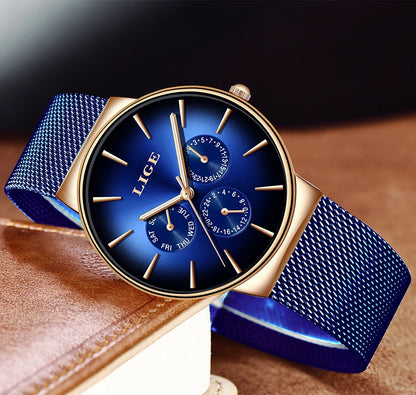 Montre pour femme LIGE, élégante et tendance – Style sport-décontracté, bracelet en maille, mouvement à quartz, affichage de la date et du jour, étanche.