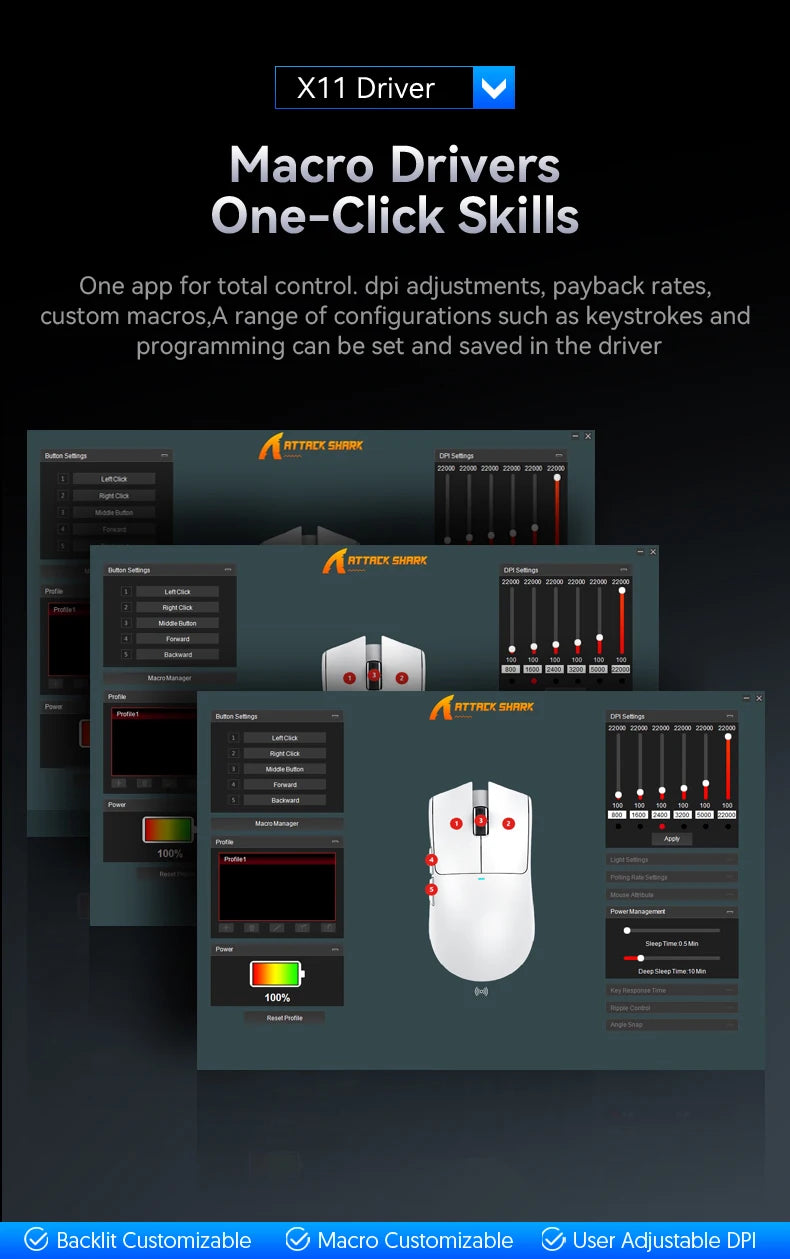 ATTACK SHARK X11 trijų režimų lengva žaidimų pelė su PAW3311, 22000DPI, 400IPS, 40G, 59g, magnetiniu greituoju įkrovimu ir RGB apšvietimu