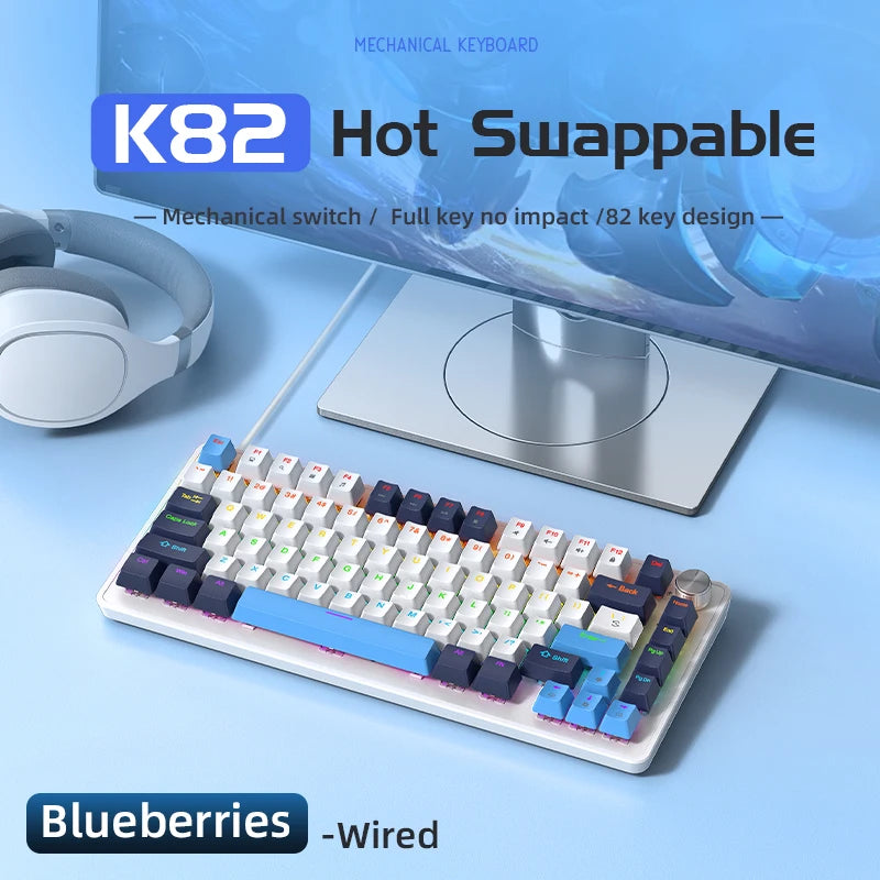 K82 75% Wired Mechanical Keyboard RGB Backlight, 82 KEY, Full Key Hot Swappable Blue Switch, Multifunctional Knob, Windows & Mac