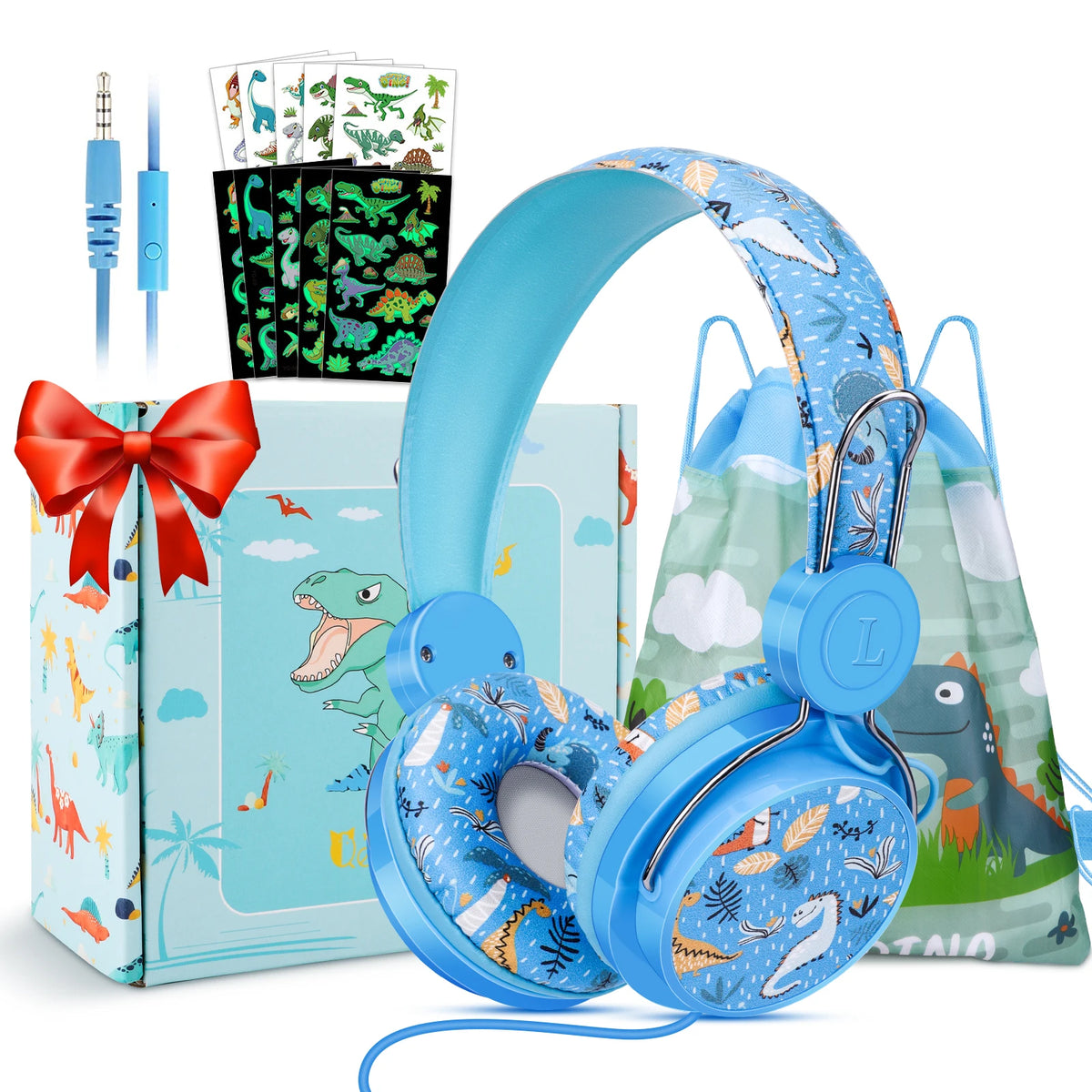 Casque audio pour enfants Dinosaures avec micro pour l'école/les voyages, son stéréo, circum-auriculaire, pliable, filaire 3,5 mm, cadeau pour enfants