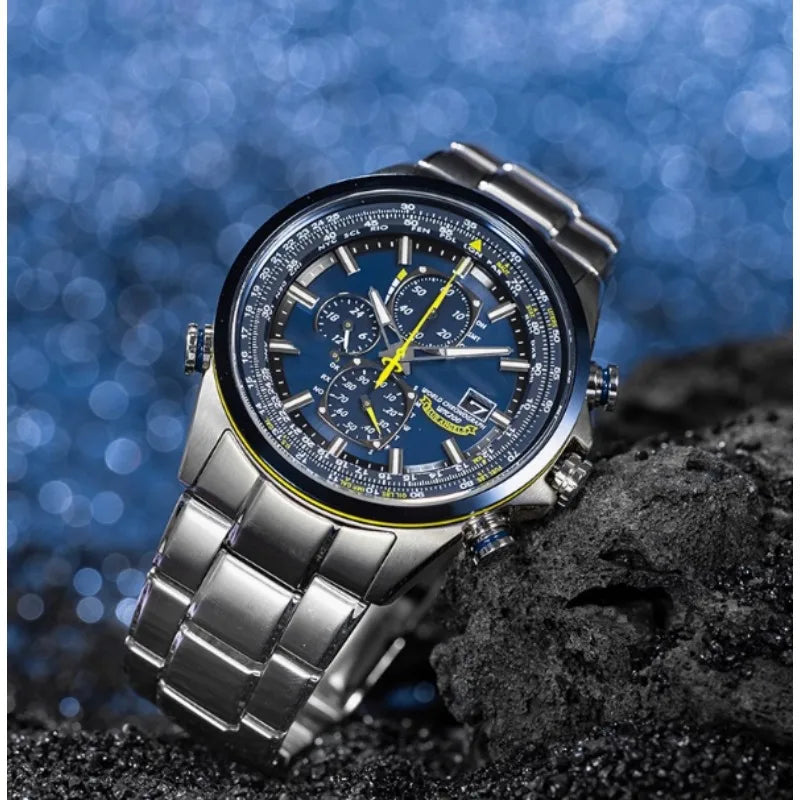 New Men's Ecological Driven Sports Luxury World Chronograph Atomic Chronograph Stainless Steel Blue Dial Christmas Gift