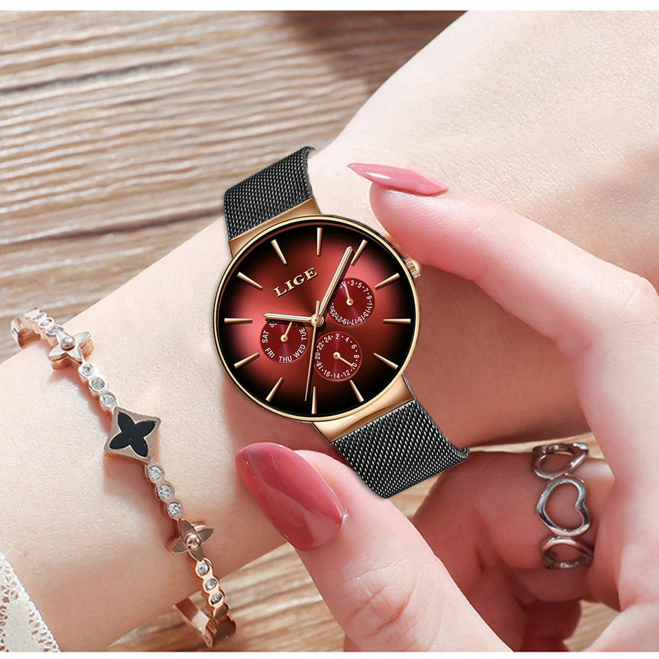 Montre pour femme LIGE, élégante et tendance – Style sport-décontracté, bracelet en maille, mouvement à quartz, affichage de la date et du jour, étanche.