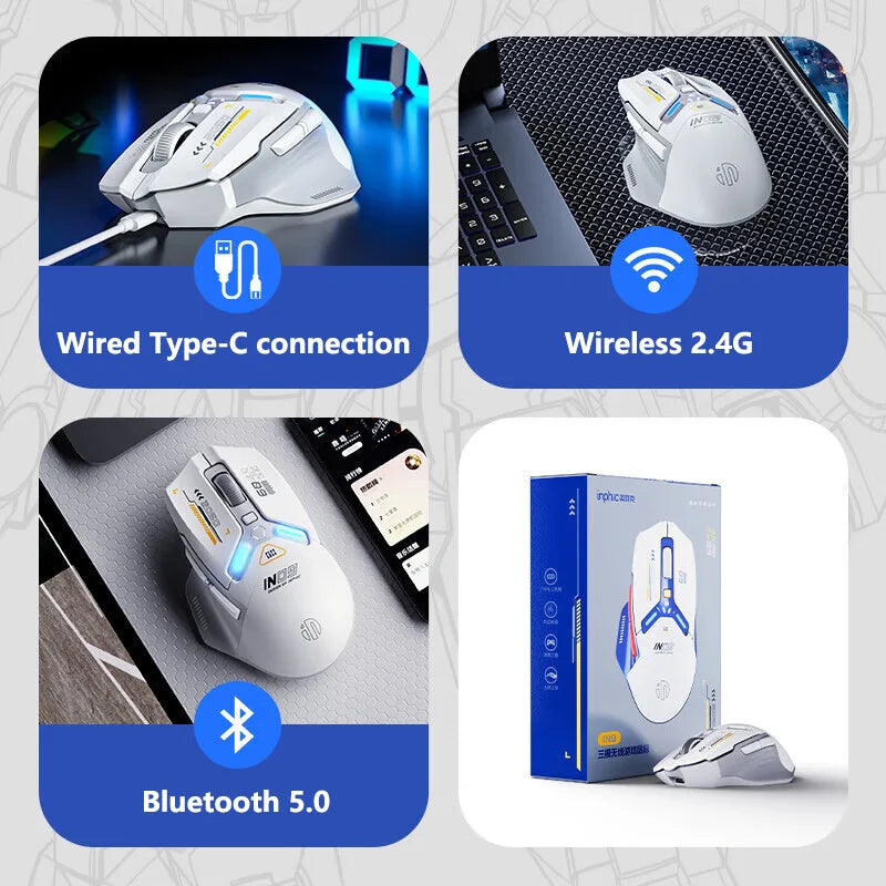 INPHIC IN9 Upgraded Wireless Gaming Mouse High DPI Tri-mode 2.4G Bluetooth Type-C Wired RGB Light Macro Programmable Mice for PC