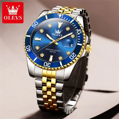 Montre pour homme OLEVS – Montre de luxe, style professionnel, étanche, avec affichage de la date, aiguilles luminescentes, boîtier en acier inoxydable et cadran bleu – Montre à quartz