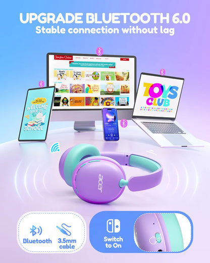Casque Bluetooth 6.0 pour enfants Acer OHR727 avec lumières LED, conception confortable circumaurale, volume sécurisé de 85 dB, autonomie de 110 heures, microphone intégré