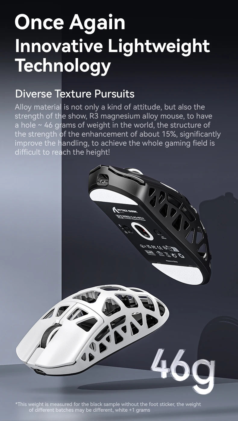 Mysz gamingowa ATTACK SHARK R3 ze stopu magnezu, konstrukcja honeycomb, ultralekka, 8K Hz, sensor PAW3395, 26000 DPI, ergonomiczna obudowa