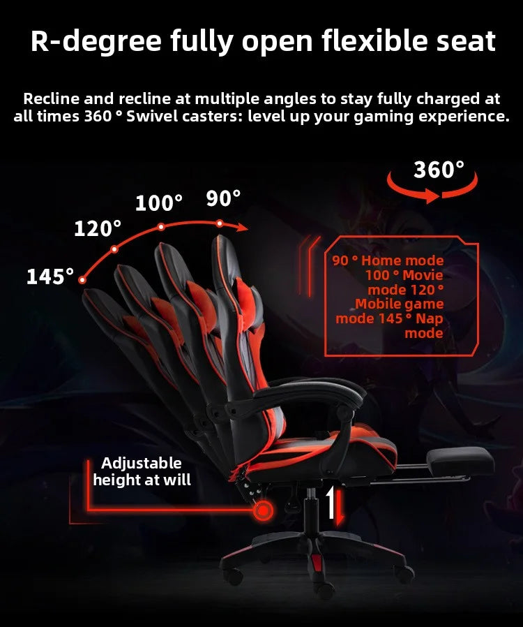 Gaming chair with lumbar soft pillow support and adjustable height footrest, an ergonomic computer gaming chair.