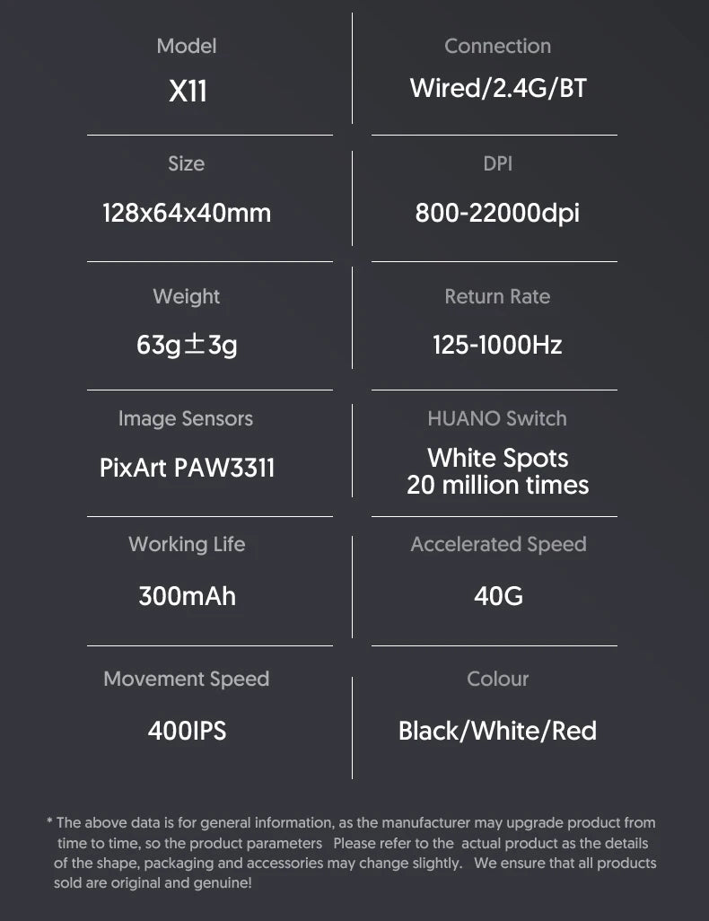 ATTACK SHARK X11 trijų režimų lengva žaidimų pelė su PAW3311, 22000DPI, 400IPS, 40G, 59g, magnetiniu greituoju įkrovimu ir RGB apšvietimu