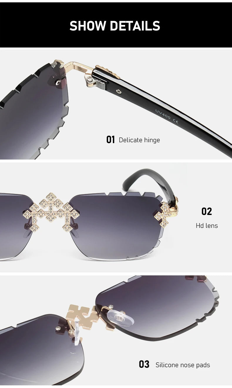 Fashion Square – kantlösa solglasögon för kvinnor med korsformad diamantmönstrad metallram, lyxiga glasögon med slipade linser, UV400-skydd, solglasögon