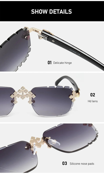 Fashion Square – kantlösa solglasögon för kvinnor med korsformad diamantmönstrad metallram, lyxiga glasögon med slipade linser, UV400-skydd, solglasögon