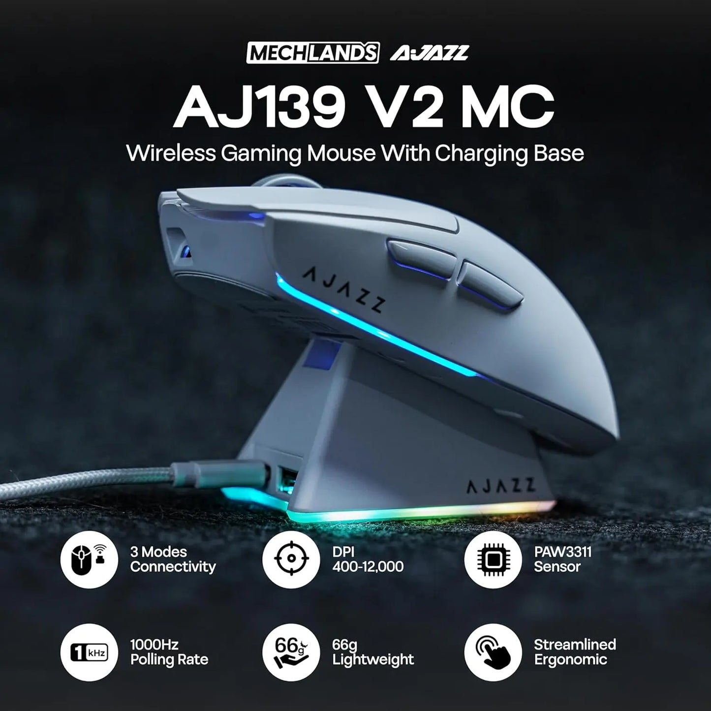 AJAZZ AJ139 V2 MC/AJ139 PRO vezeték nélküli gaming egér PAW3311/PAW3395 szenzorral, 12000DPI/26000DPI, 500mAh, Bluetooth gamer egér PC-hez