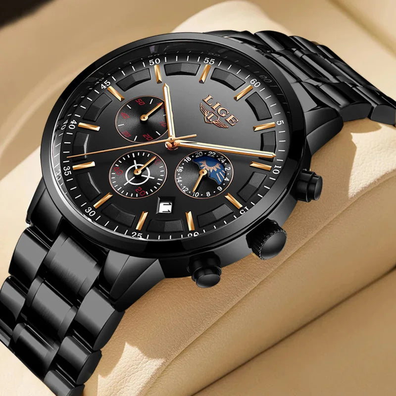Montre pour homme LIGE – Chronographe à quartz de luxe, étanche (3 bars), avec aiguilles luminescentes – Idée cadeau (boîte incluse)
