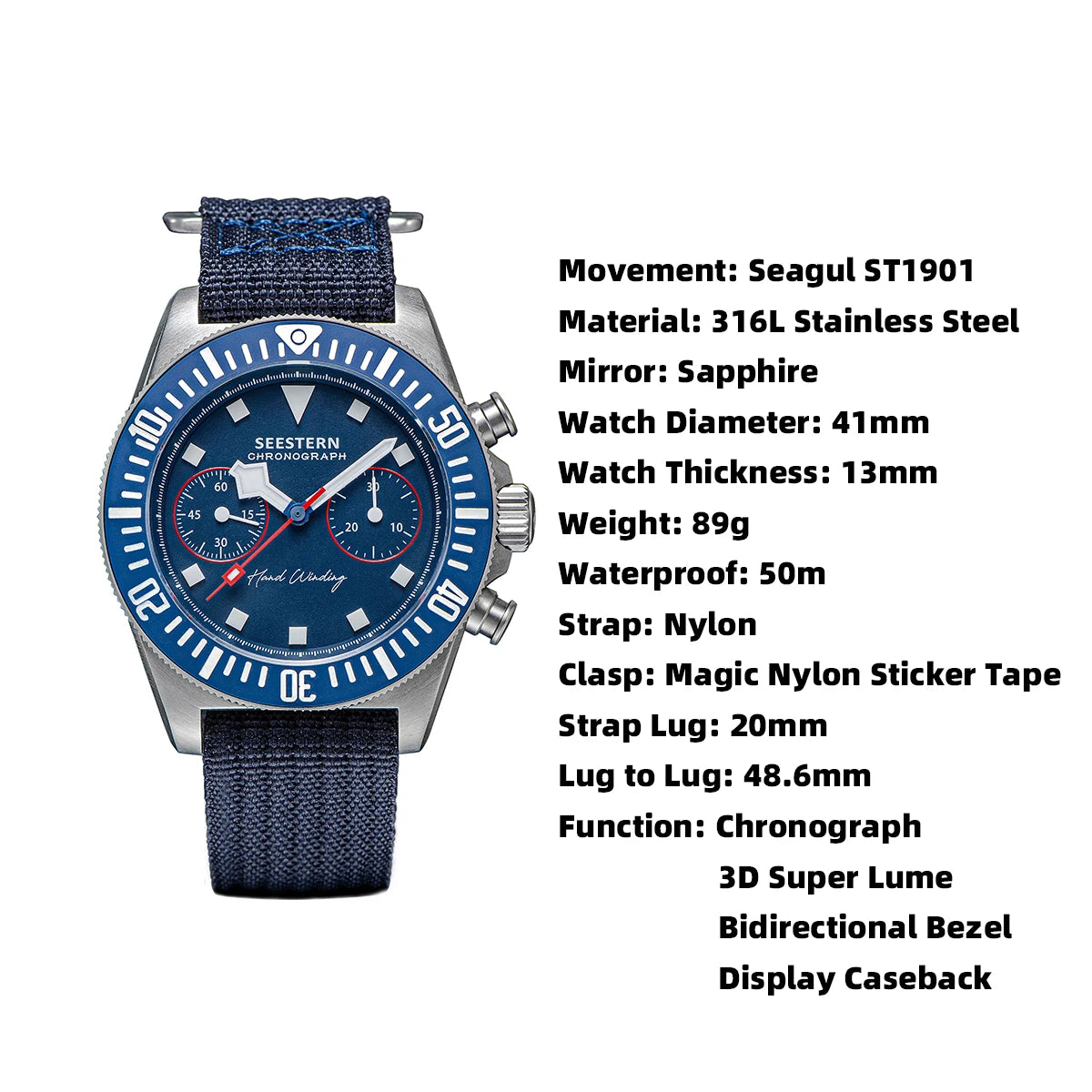 SEESTERN cronógrafo para hombre, reloj mecánico con movimiento Tianjin ST1901, cristal de zafiro, correa de nailon con velcro, esqueleto luminoso