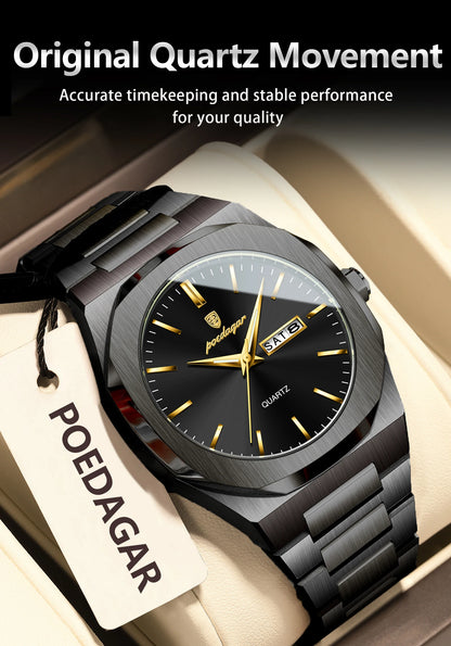 POEDAGAR Fashion Brand Male Watch Waterproof Luminous Stainless Steel Watches For Men Date Week Casual Quartz Men's Clock Reloj