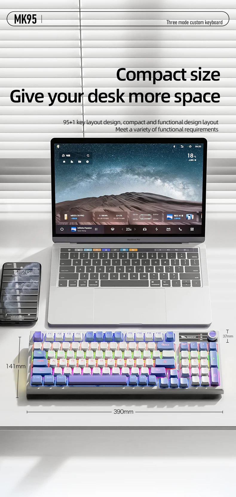 SMAILWOLF MK95 Bluetooth 무선 한국어 맞춤형 기계식 키보드 e-스포츠 3 모드 노트북 오피스 게임 풀 키 핫 스왑 가능 RGB 조명 효과