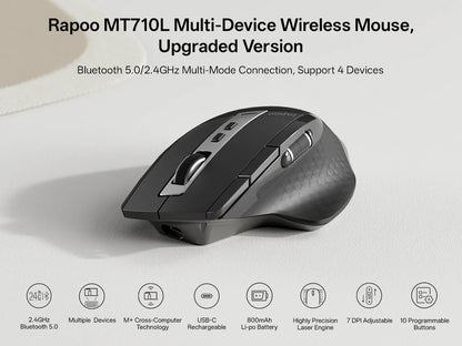 Rapoo 2026 New MT710L Multi-mode Rechargeable Wireless Mouse Ergonomic 4000 DPI Bluetooth Mouse Easy-Switch Up to 4 Devices