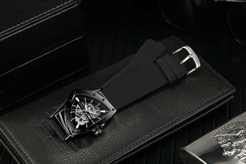 Montre automatique pour homme WINNER, design squelette triangulaire, aiguilles luminescentes, bracelet en caoutchouc, style militaire, montre mécanique de luxe