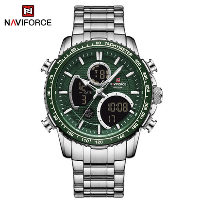 NAVIFORCE Men’s Sports Watch – Original luxury stainless steel wristwatch, water-resistant military-style model with dual display