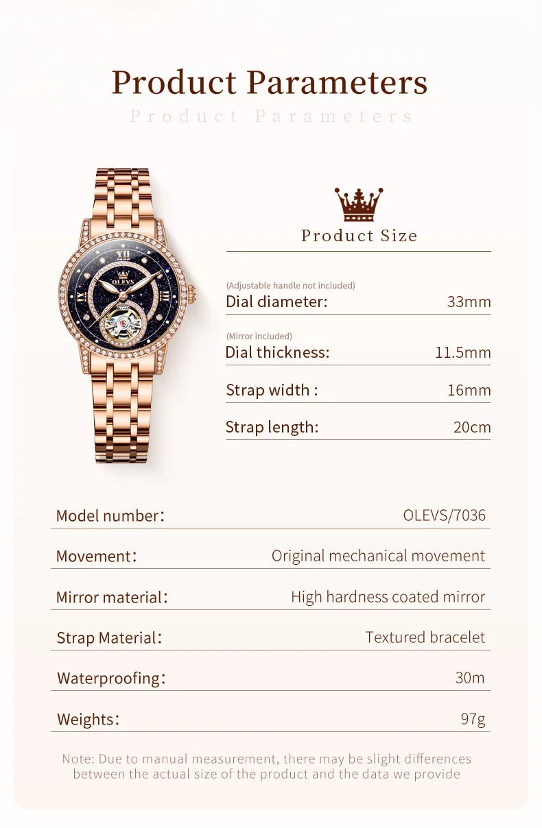OLEVS Women's Watches Starry Sky Design Automatic Watch for Women Stainless Steel Flywheel Hollowed Ladies Mechanical Watch 7036