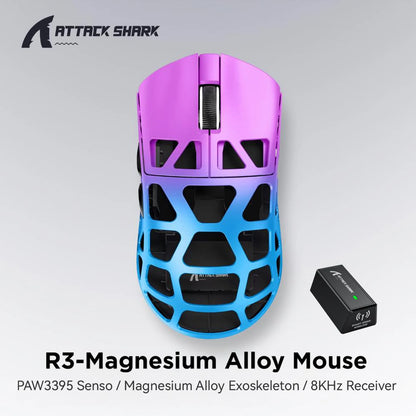 Mysz gamingowa ATTACK SHARK R3 ze stopu magnezu, konstrukcja honeycomb, ultralekka, 8K Hz, sensor PAW3395, 26000 DPI, ergonomiczna obudowa