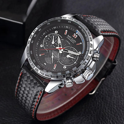 MEGIR men’s analogue quartz wristwatch – Water-resistant luxury watch with leather strap, casual style, model 1010 (black)