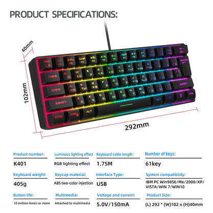 Tastiera da gaming, tastiera ultra-compatta a 61 tasti con retroilluminazione RGB russo/inglese, tastiera da ufficio impermeabile con sensazione meccanica per il gaming