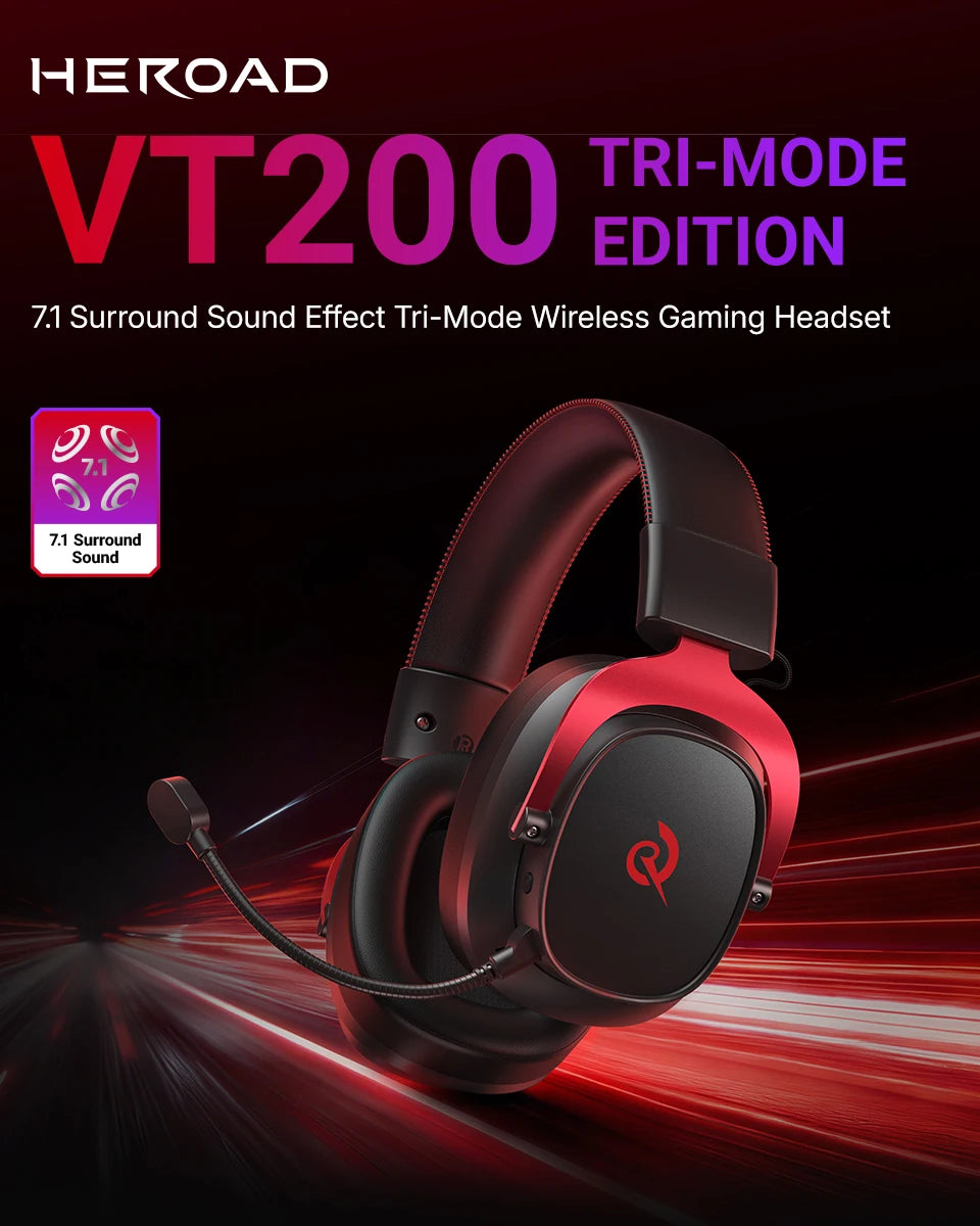 QCY Casque Gamer Sans Fil Heroad VT200 avec Microphone Détachable, Casque Over-Ear, Connexion Tri-Mode, Son Surround 7.1 pour PC, PS4 et PS5