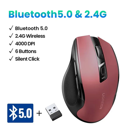 Bezdrátová myš UGREEN Bluetooth 5.0, ergonomická myš 4000 DPI se 6 tichými tlačítky pro MacBook, tablet, notebooky, počítač PC, 2.4G myš