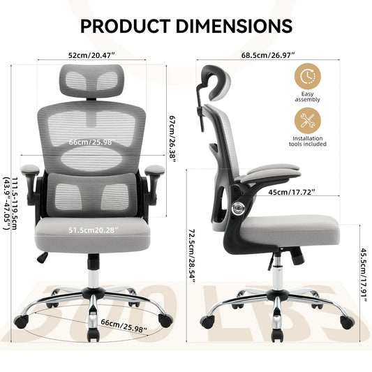 Ergonomski pisarniški stol z visokim naslonjalom iz mrežastega materiala, nastavljivim naslonom za glavo, podporo za ledveno območje in 360° vrtljivim kolesom – računalniški igralni stol za domačo pisarno
