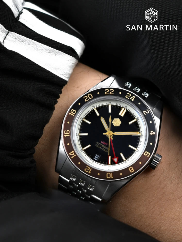 San Martin 39.5mm Limited Edition Full Lume Dial Automatic Mens Watch NH34 GMT 6H Date 10Bar Luxury Kol Saati SN0116W