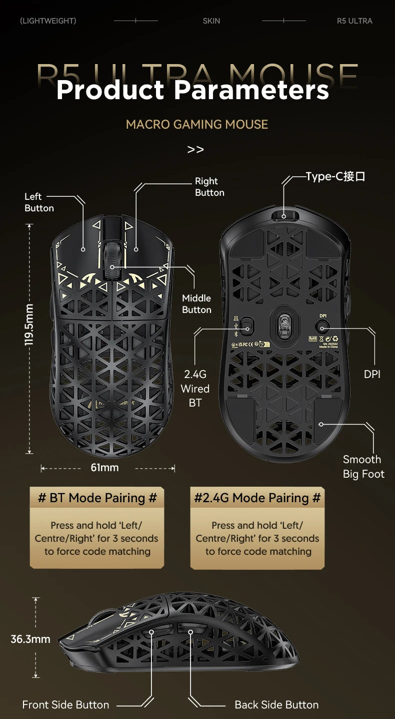 Bezdrátová herní myš ATTACK SHARK R5 Ultra Carbon Fiber, herní senzor PixArt PAW3950MAX, 42000DPI, 8000Hz, MCU Nordic 52840