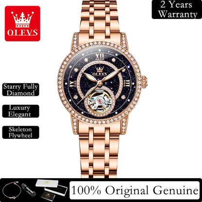 OLEVS Women's Watches Starry Sky Design Automatic Watch for Women Stainless Steel Flywheel Hollowed Ladies Mechanical Watch 7036