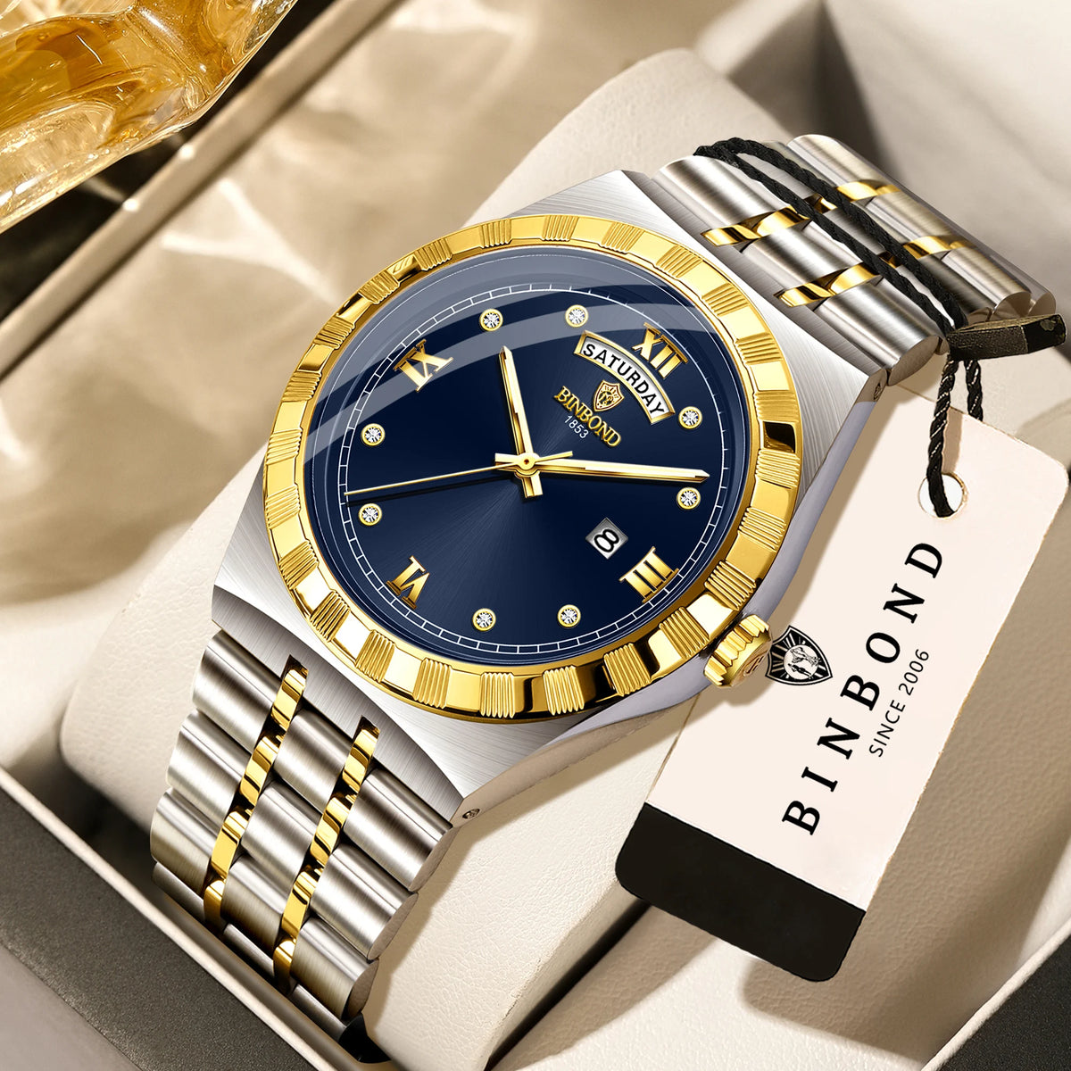 Montre pour homme de la marque originale BINBOND – Montre-bracelet à quartz, modèle de luxe, étanche et luminescent.
