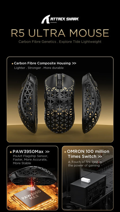 Bezdrátová herní myš ATTACK SHARK R5 Ultra Carbon Fiber, herní senzor PixArt PAW3950MAX, 42000DPI, 8000Hz, MCU Nordic 52840
