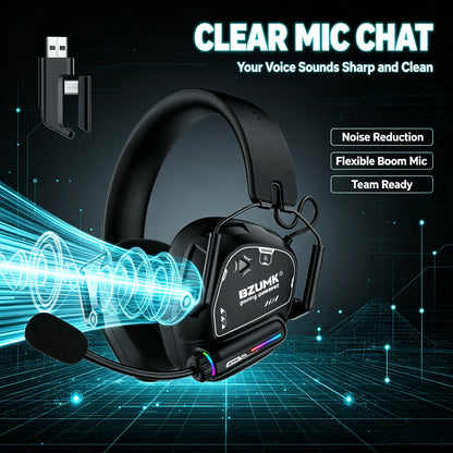 Casque de jeu sans fil BZUMK, écouteurs circum-auraux Bluetooth à faible latence avec micro, basses profondes, 50 mm, RGB, pour PC, PS4, PS5, ordinateur portable, gamer