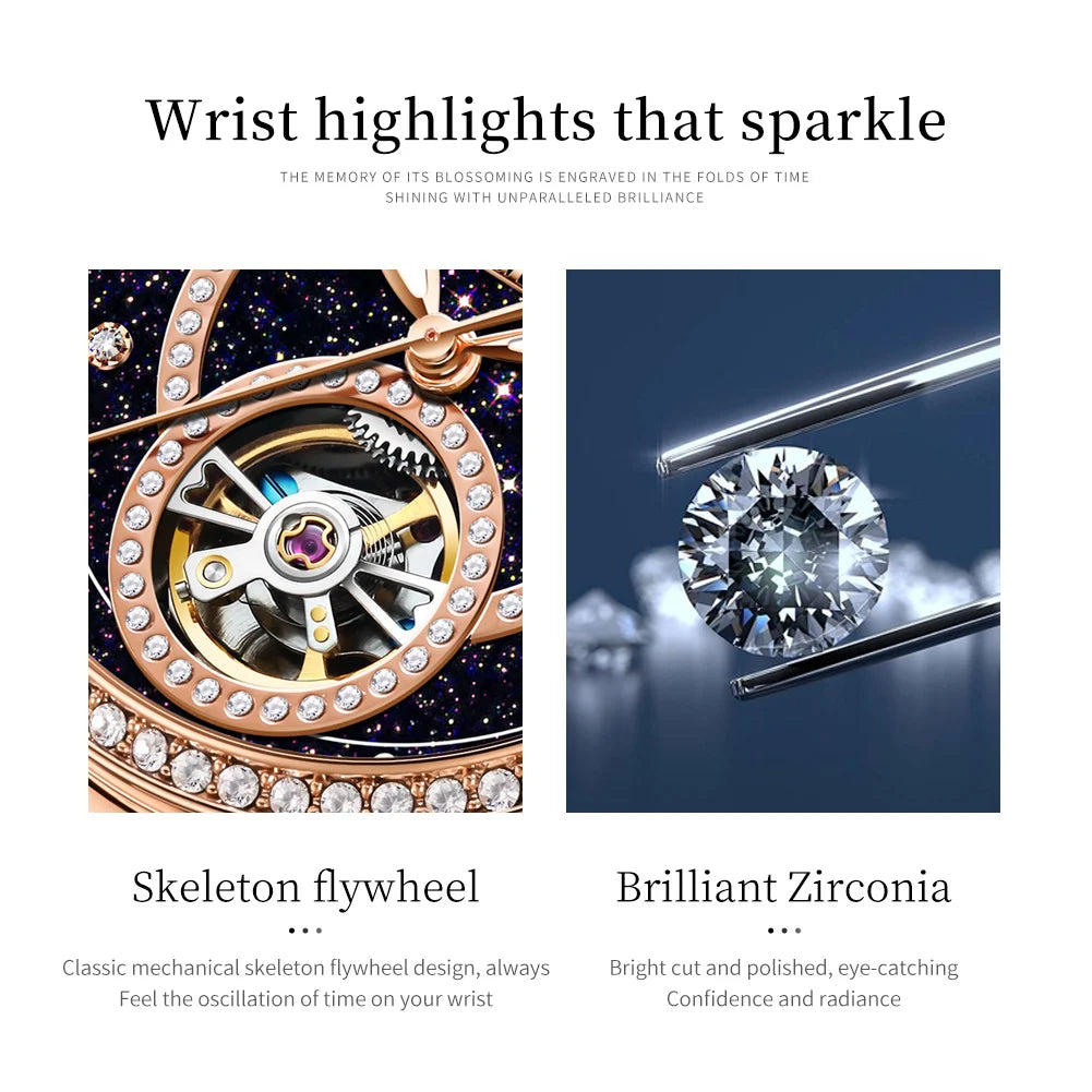 OLEVS Women's Watches Starry Sky Design Automatic Watch for Women Stainless Steel Flywheel Hollowed Ladies Mechanical Watch 7036