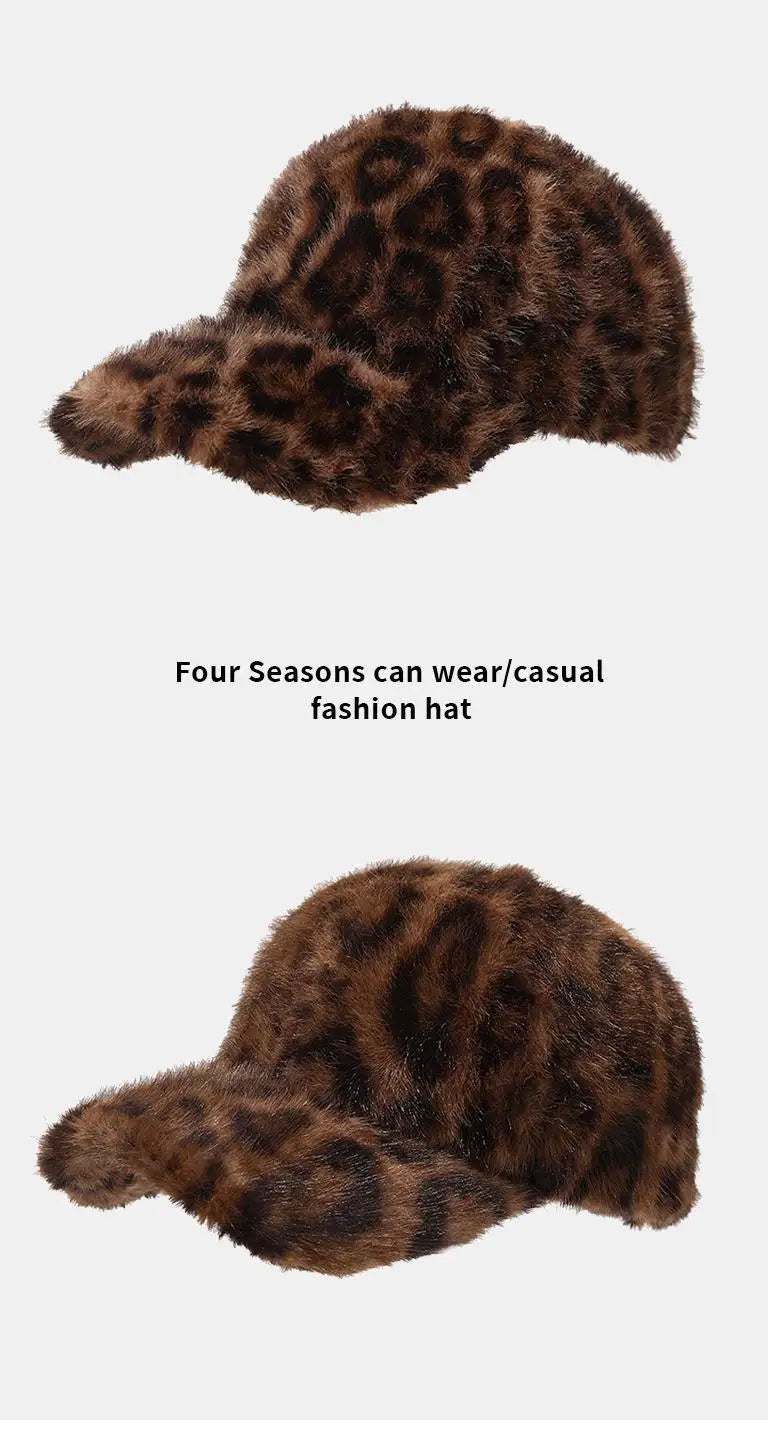 Leopard Print Baseball Cap Women Plush Faux Fur Keep Warm Winter Women's Cap Outdoor Vintage Snapback Hats For Women