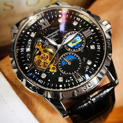 New High-End Luxury Automatic Mechanical Men's Watch with Starry Sky Luminous Dial, Elegant Tourbillon Movement, Perfect for Business or Casual Wear, Ideal Christmas or Birthday Gift, Holiday Gift Watch, the Best Gift for Him