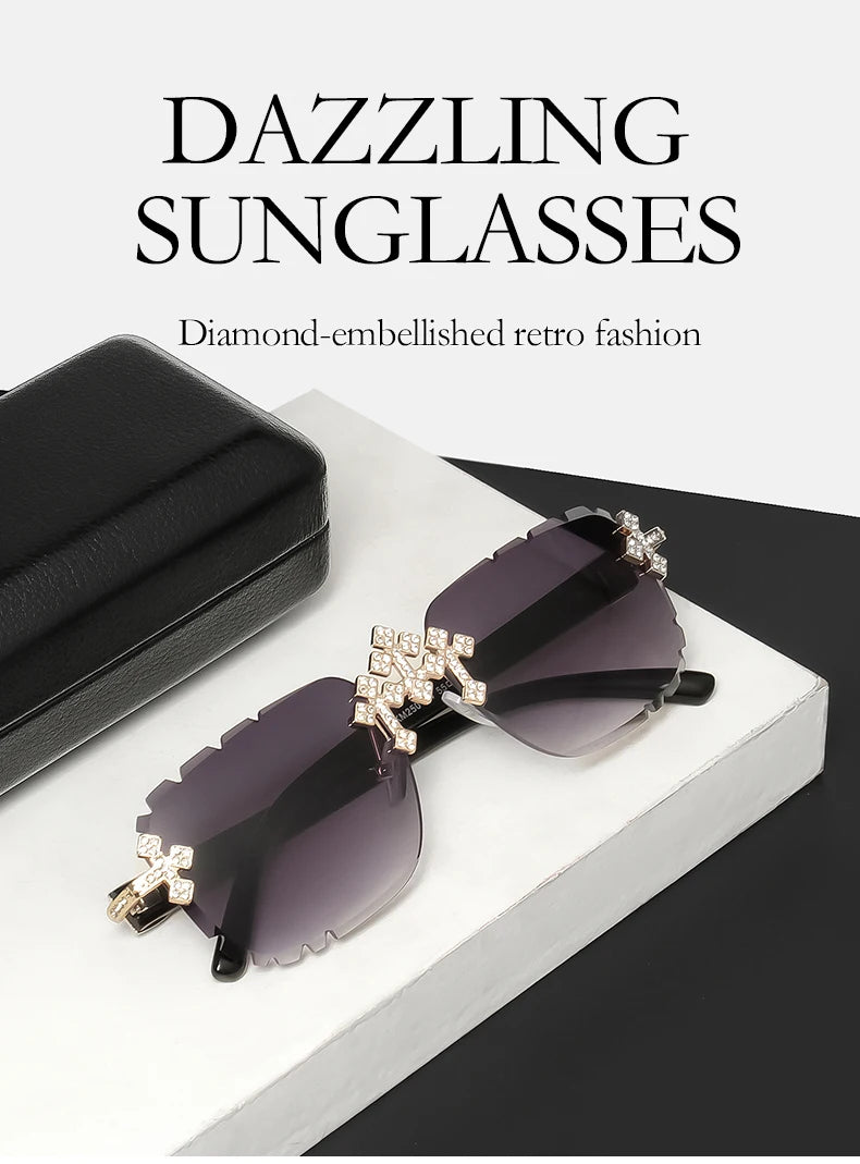 Fashion Square – kantlösa solglasögon för kvinnor med korsformad diamantmönstrad metallram, lyxiga glasögon med slipade linser, UV400-skydd, solglasögon