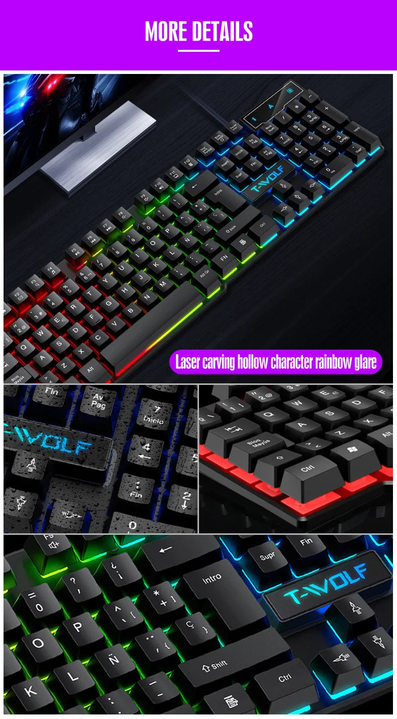 Mechanical feel Gaming Keyboard Light Backlit RGB wired keyboard USB office home  media keys Russian Spanish Arabic English