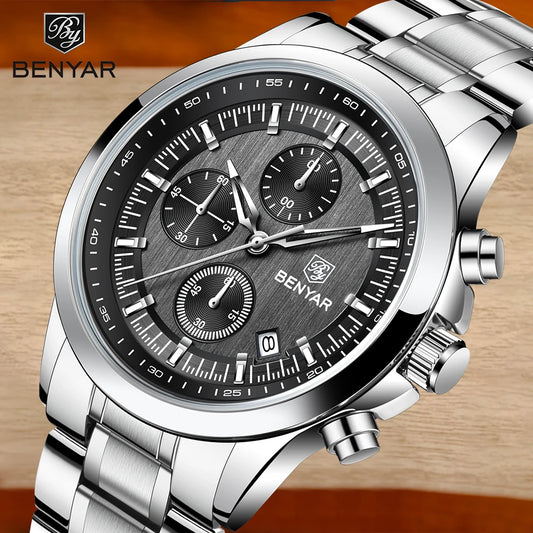 BENYAR 2024 New 40MM Men's Quartz Watch 50M Waterproof Automatic Diving Watch Luxury Fashion Men's Stainless Steel Watch