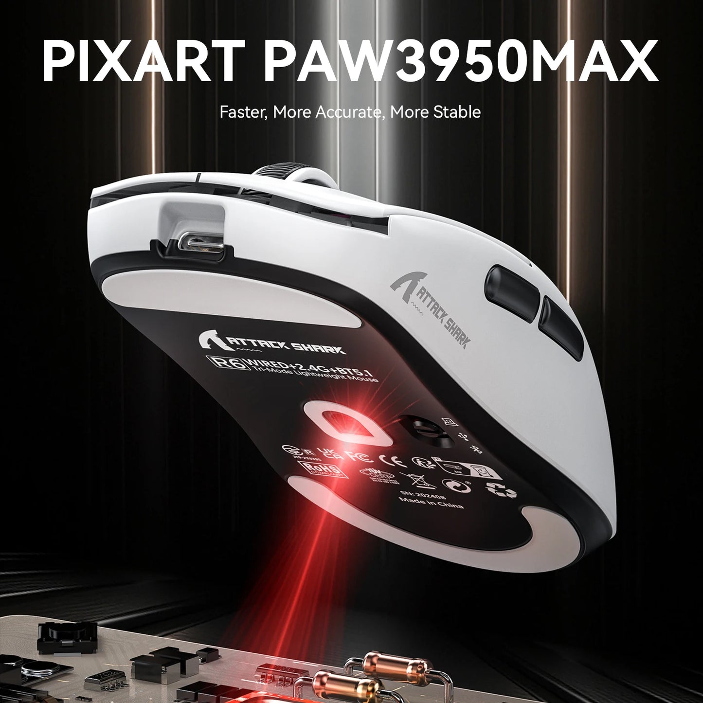ATTACK SHARK R6 PAW3950MAX bežični gaming miš, 8Khz frekvencija ispitivanja, ultralagani 39g, Nordic 52840 MCU, Omron optički mikroprekidači