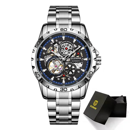 Montre-bracelet mécanique automatique pour homme GLENAW, style Steampunk avec cadran squelette, modèle de luxe, étanche, dotée d'aiguilles luminescentes et d'un bracelet en acier inoxydable.